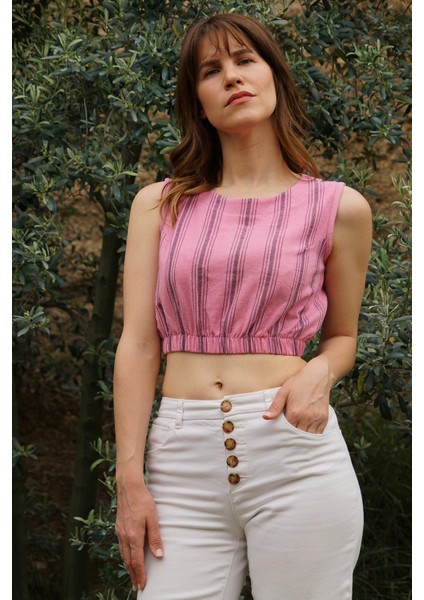 El Dokuması %70 Pamuk %30 Keten Rahat Kalıp Crop Bluz - Pembe fiyatları