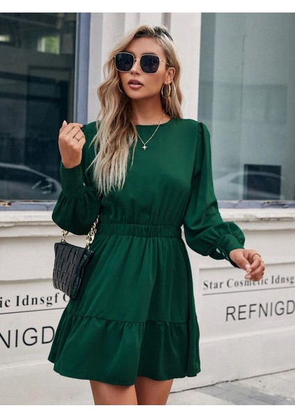 Kadın Uzun Kollu Bisiklet Yaka Beli Lastikli Fırfırlı Ithal Krep Elbise
