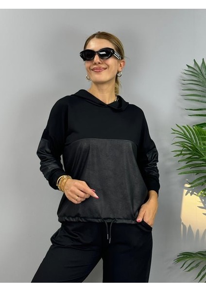 Kadın Uzun Kollu Kapüşonlu Oversize Sweat ve Pantolon Ikili Takım