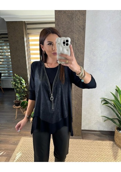 Kadın Uzun Kol Asimetrik Kesim Viskon Bluz ve Çatlak Deri Görünümlü Fermuar Detaylı Yelek Ikili Takım