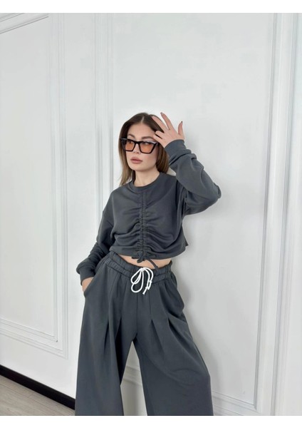 Uzun Kollu Önü Ip Büzgülü Crop ve Pantolon Ikili Takım - Antrasit