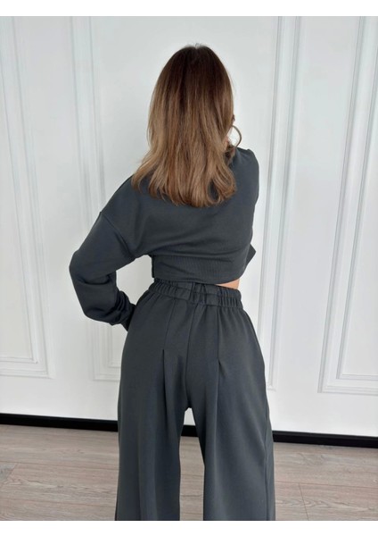 Uzun Kollu Önü Ip Büzgülü Crop ve Pantolon Ikili Takım - Antrasit