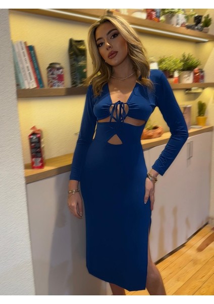 Kadın Uzun Kollu Göğüs ve Göbek Dekolte Detay Sandy Midi Boy Elbise