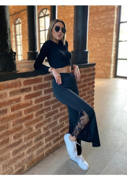 Kadın Dantel Eklemeli Ispanyol Paça Scuba Tayt Pantalon