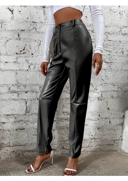 Kadın Yüksek Bel Önden Düğmeli Deri Pantolon indirimleri