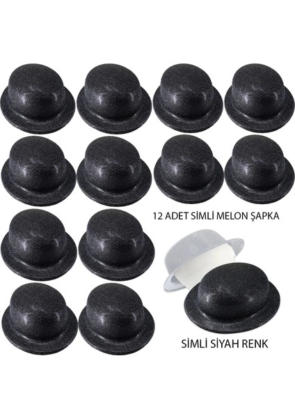 Siyah Renk Simli Melon Yuvarlak Parti Şapkası 12 Adet - 1OL3954-3885