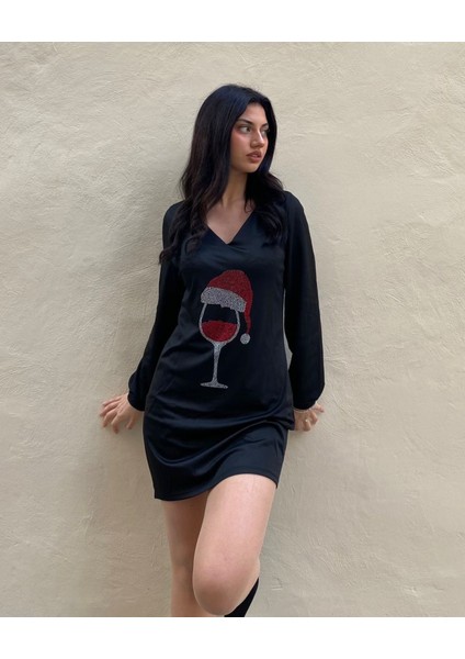 Kadın Uzun Kollu V Yaka Baskılı Dalgıç Kumaş Elbise