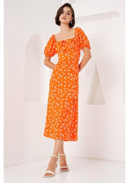 2387 Yırtmaç Detaylı Elbise - Turuncu modelleri