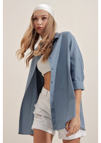 3900 Oversize Uzun Basic Gömlek - Indigo