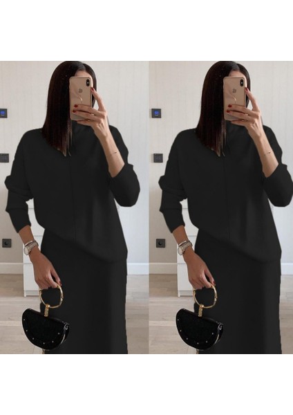 Kadın Uzun Kollu Boğazlı Kazak ve Yanı Yırtmaçlı Etek Akrilik Ikili Takım