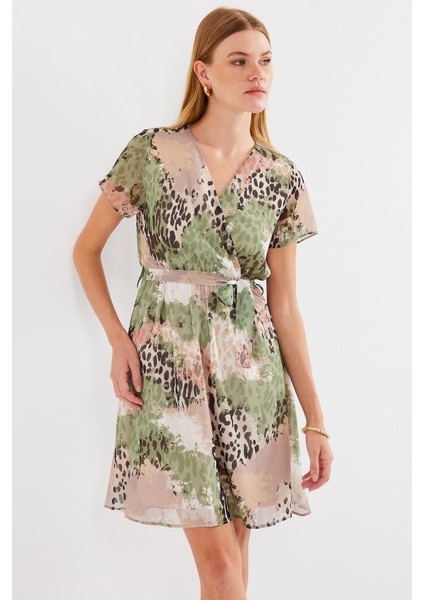 2502 Kısa Kol Desenli Şifon Elbise - Çağla fırsatları