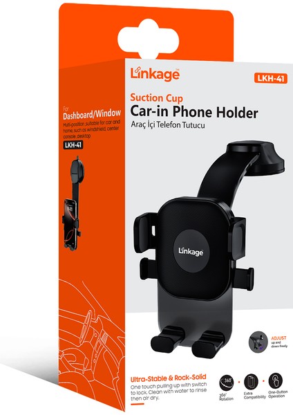 Lkh-41 Vantuzlu Araç Içi Telefon Tutucu | 360° Döner Başlık | Tek Tuşla Sabitleme | Ön Cam & Torpido Uyumlu