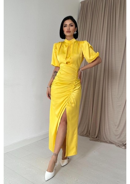 Sarı Büzgülü Saten Elbise