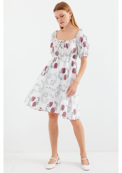 2508 Desenli Mini Kloş Elbise - Ekru