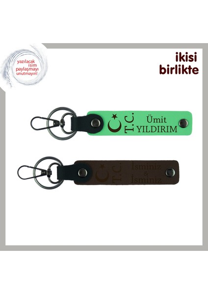 Yeni Mezuna Kutlama Hediyesi – Ay Yıldız Tc Desenli Isimli 2’li Anahtarlık, Fıstık Yeşil-Kahve