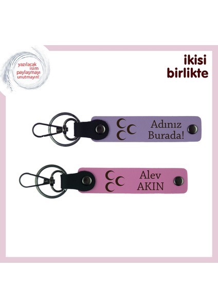 Göktürk Gücünü Taşıyan Deri Anahtarlık – Kişiye Özel Üç Hilal Hediye Takımı, Mor-Pembe