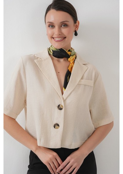 0706 Crop Keten Ceket - M. Krem indirimleri