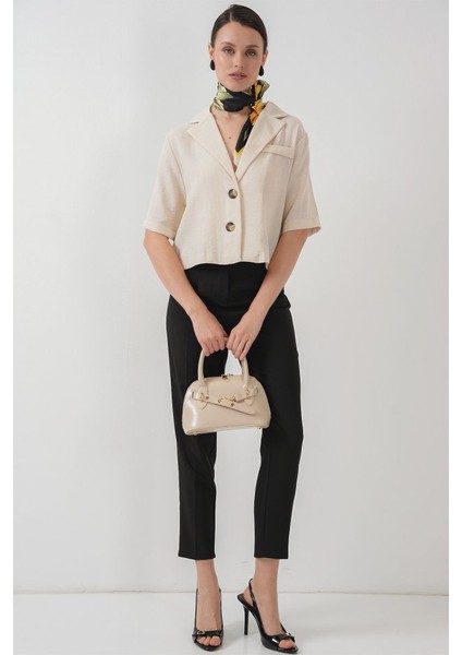 0706 Crop Keten Ceket - M. Krem