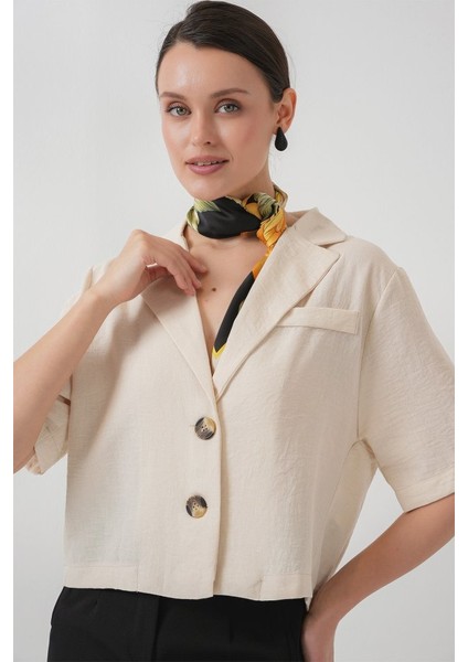 0706 Crop Keten Ceket - M. Krem