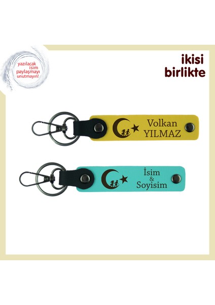 Sadakatin Simgesi – Sevgiliye Çocuk ve Ayyıldız Temalı Deri Anahtarlık Takımı, Sarı-Turkuaz