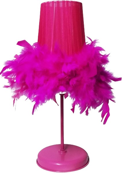 Fuşya Tüylü Yatak Odası Abajuru Fuşya Metal Ayaklı
