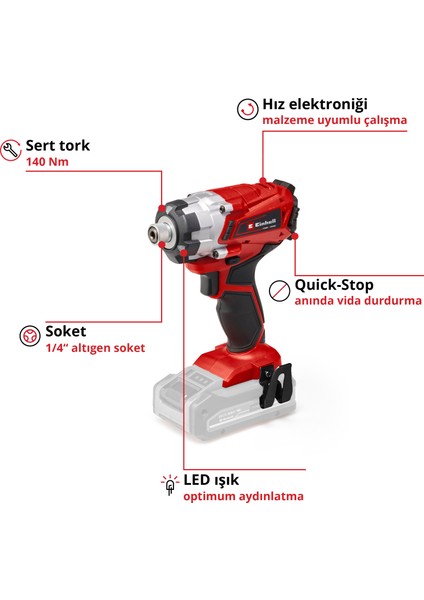 Akülü Darbeli Vidalama TE-CI 18/1 Li-Solo Power X-Change (Li-Ion, 18V, 0-2300 devir/dk, maksimum sert tork 140 Nm, devir kontrol elektroniği, akü ve şarj cihazı dahil değildir) - 4510034