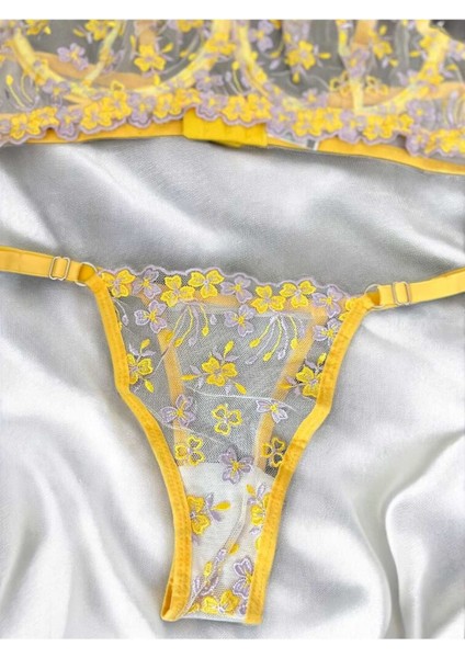 Sarı Çiçek Işlemeli Transparan Dantel Sütyen & String Takım
