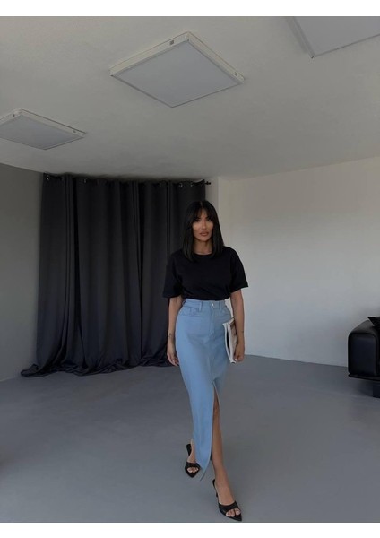 Gabardin Uzun Önden Yırtmaçlı Etek - Mavi