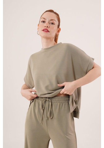 Modal Kısa Kollu Üst ve Geniş Paça Eşofman Ikili Yağ Yeşili Takım