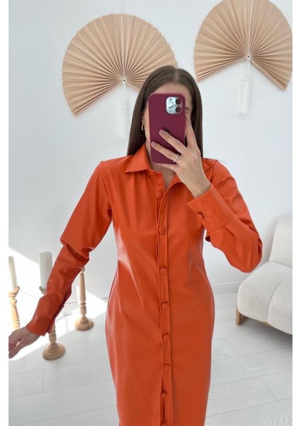 Oranj Boydan Düğmeli Deri Elbise modelleri