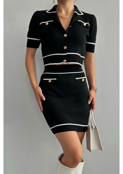 Kısa Triko Etekli Takım - Siyah-Krem