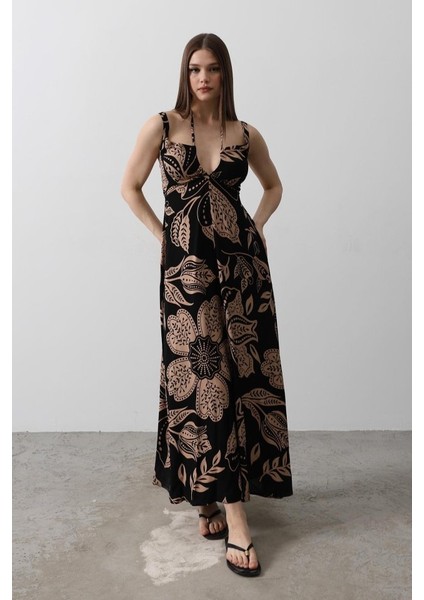 Askılı Viscon Elbise - Siyah