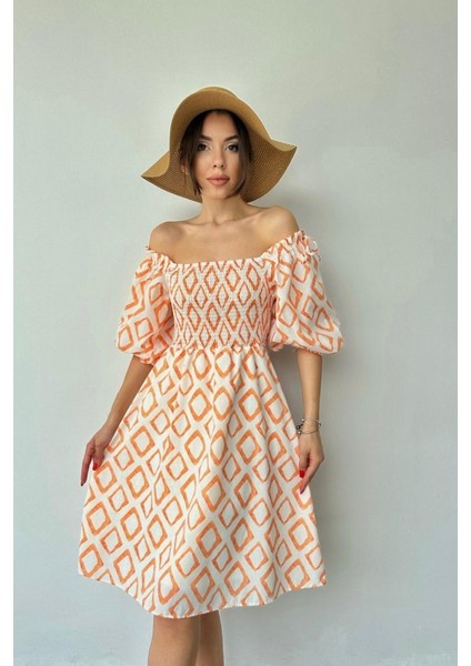 Oranj Kare Desenli Yazlık Elbise