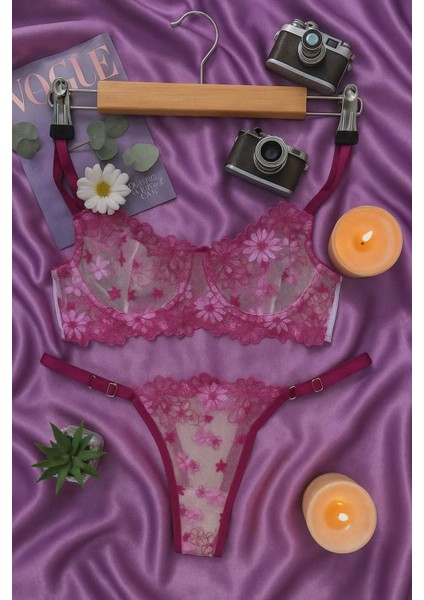 Pembe Çiçek Işlemeli Transparan Dantel Bralet & Tanga Takım