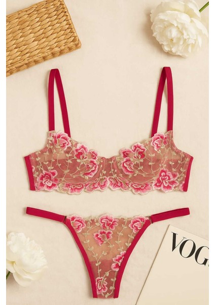 Fuşya Çiçek Işlemeli Transparan Bralet ve Tanga Takım