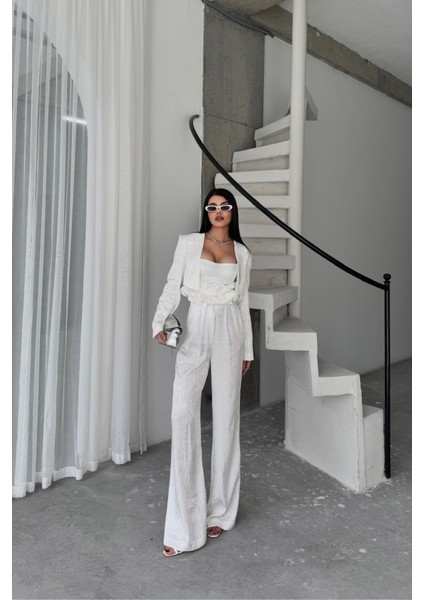 Jakarlı Bluzu Tasarım Detaylı Ceket-Pantolon-Bluz 3 Lü Takım - Beyaz