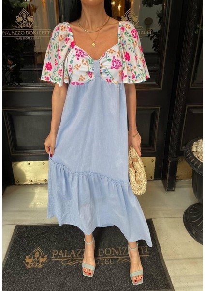 Renkli Nakış Desenli Elbise - Mavi fiyatları