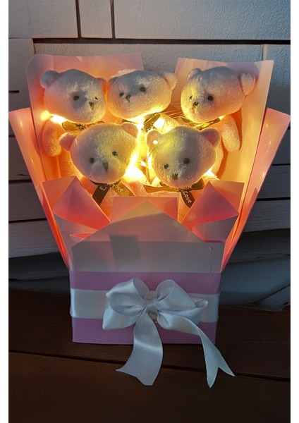 Premium LED Işıklı Romantik Pembe Peluş Ayıcık Buketi