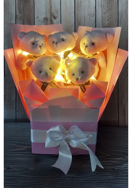 Premium LED Işıklı Romantik Pembe Peluş Ayıcık Buketi modelleri