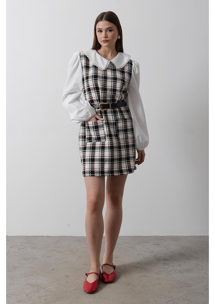 Ekoseli Gömlek Detaylı Elbise - Siyah