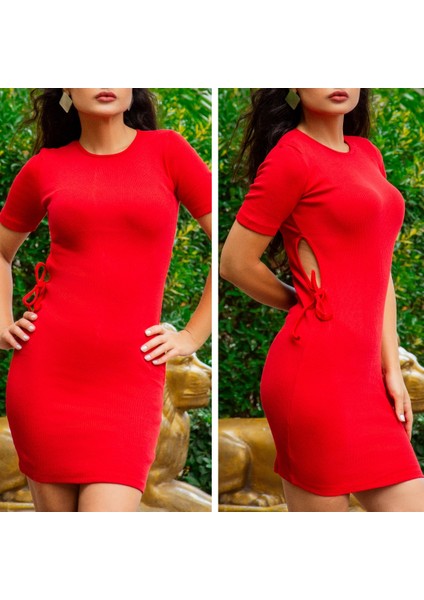 Kadın Kırmızı Kısa Kol Bel Detay Kaşkorse Elbise fırsatları