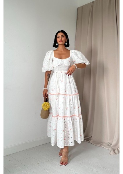 Pudra Dantel Detaylı Brode Elbise