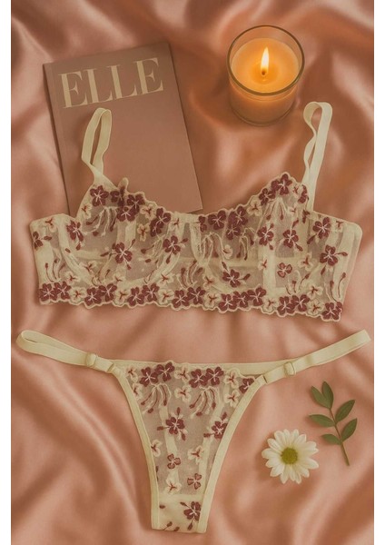 Dantel Işlemeli Transparan Çiçek Desenli Bralet ve String Takım