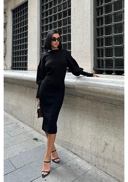 Bert Sırt Dekolteli Balon Kol Midi Triko Elbise 2820