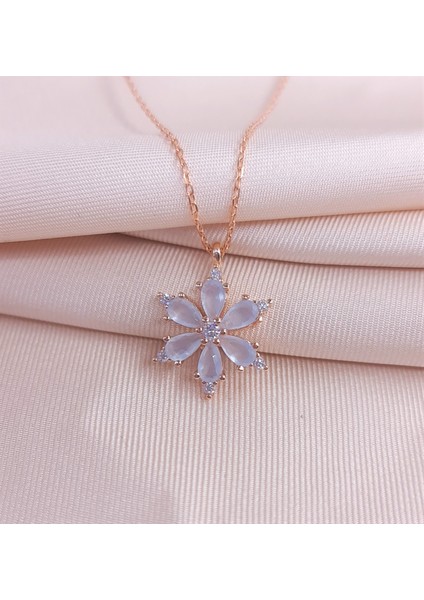Lotus Çiçeği Tasarımlı 925 Ayar Gümüş Kolye – Rose, Mavi Milk Taşlı