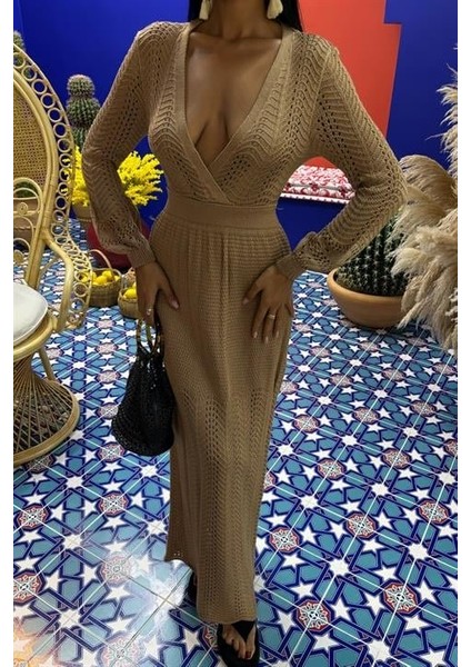 Derin Yaka Triko Elbise 2856 modelleri