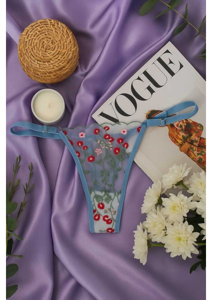 Dantel Işlemeli Çiçek Desenli Transparan Bralet & Tanga Takım - Mavi