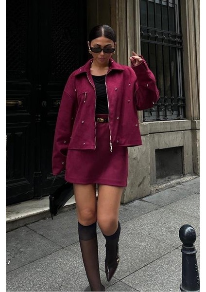 Gümüş Aksesuarlı Ceket Etek Içi Astarlı Süet Takım 10000 modelleri