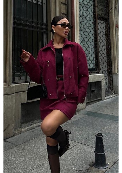 Gümüş Aksesuarlı Ceket Etek Içi Astarlı Süet Takım 10000 fırsatları