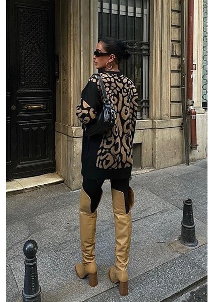 Leopar Desenli Yırtık Detaylı Kazak 1344